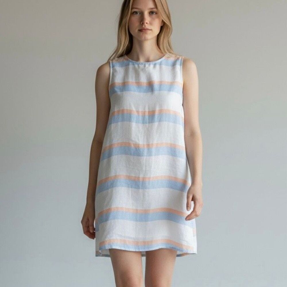 Cynthia Rowley 10 Linen Striped Dress Preppy Boardwalk Casual Chic Classic Artsy